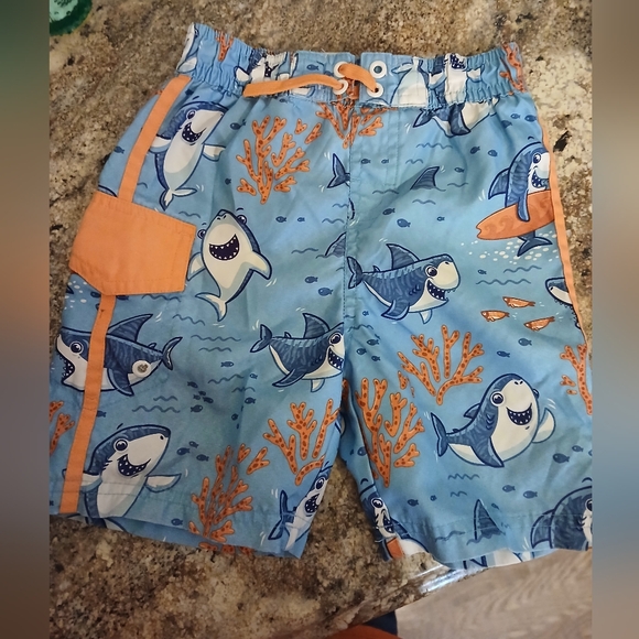 Shark Print Blue and Orange Kids Swim Shorts - Picture 1 of 3
